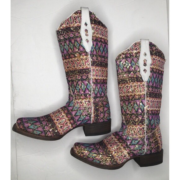 NEW Tanner Mark Cowboy Western Boot TML37001 Purple Serape Aztec Glitter Sz 7.5 - Picture 8 of 16